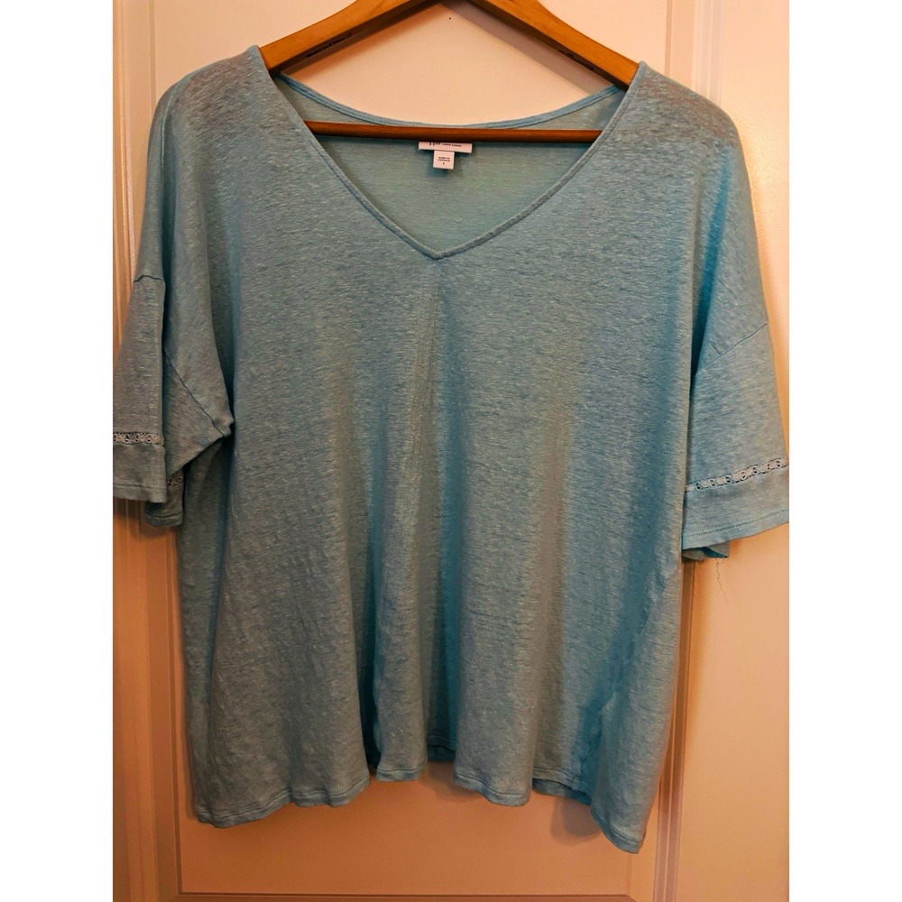 J. Jill Love Linen Women Seagram green  V Neck Short Sleeve Lace Trim Top Size L